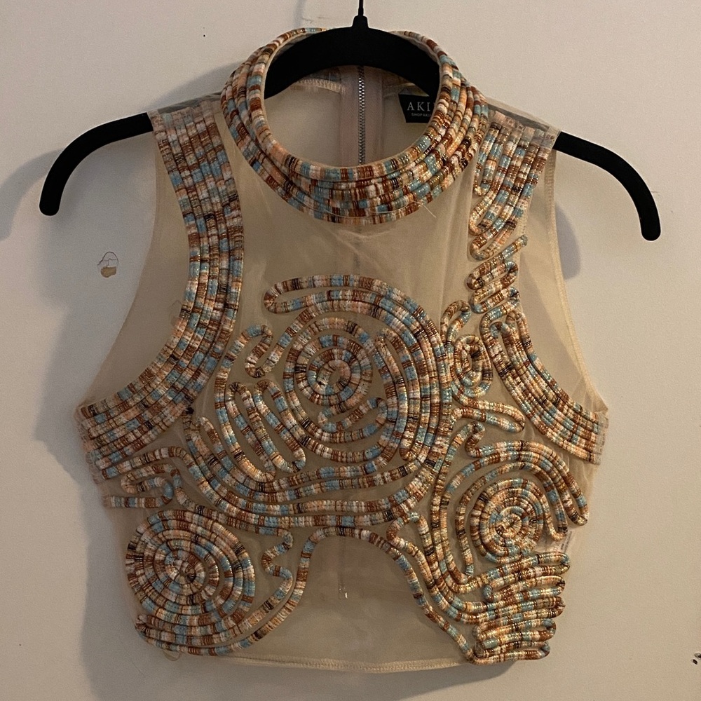 AKIRA Beaded Crop Top - Cream and Brown